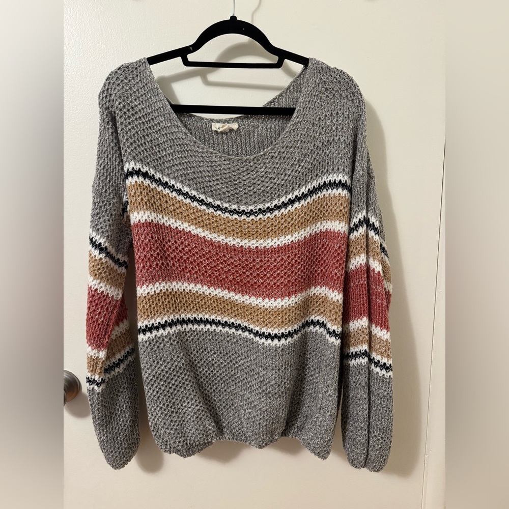 ‼️SOLD‼️ee:some Sweater 
Womens L Gray Red/Orange Yellow  Striped